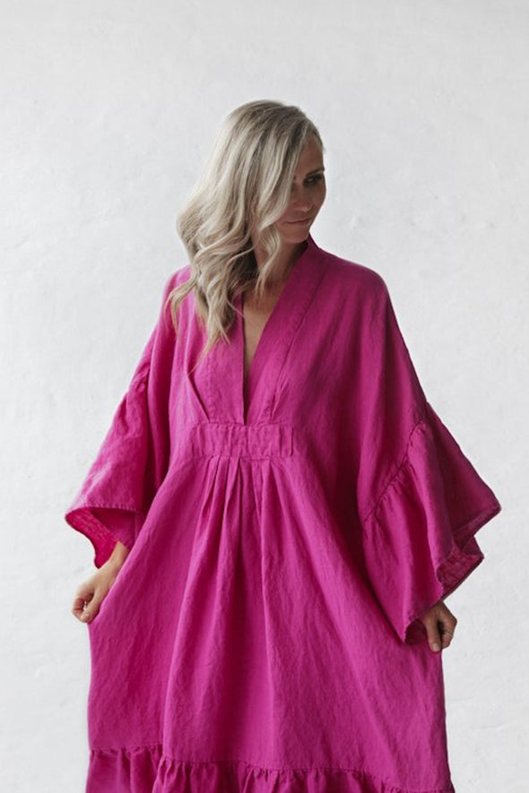 Sea Linen Dress - Neon Pink